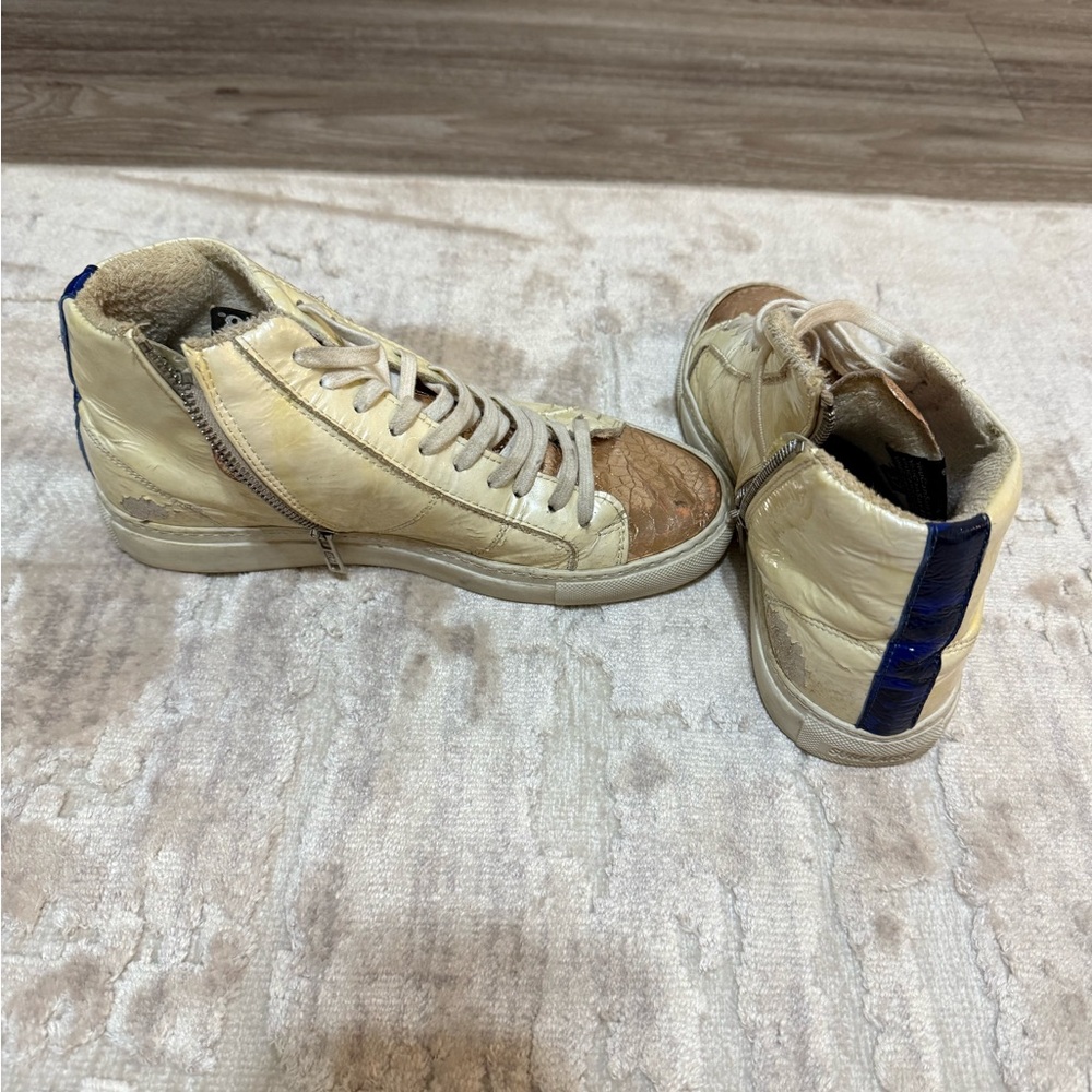 P448 Cream and Brown High-Top Sneakers with Blue Accent